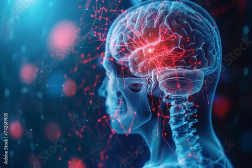 AI Brain Chip cortex. Artificial Intelligence audio human neurotransmitter receptors mind circuit board. Neuronal network nmda receptors smart computer processor benign brain tumors photo