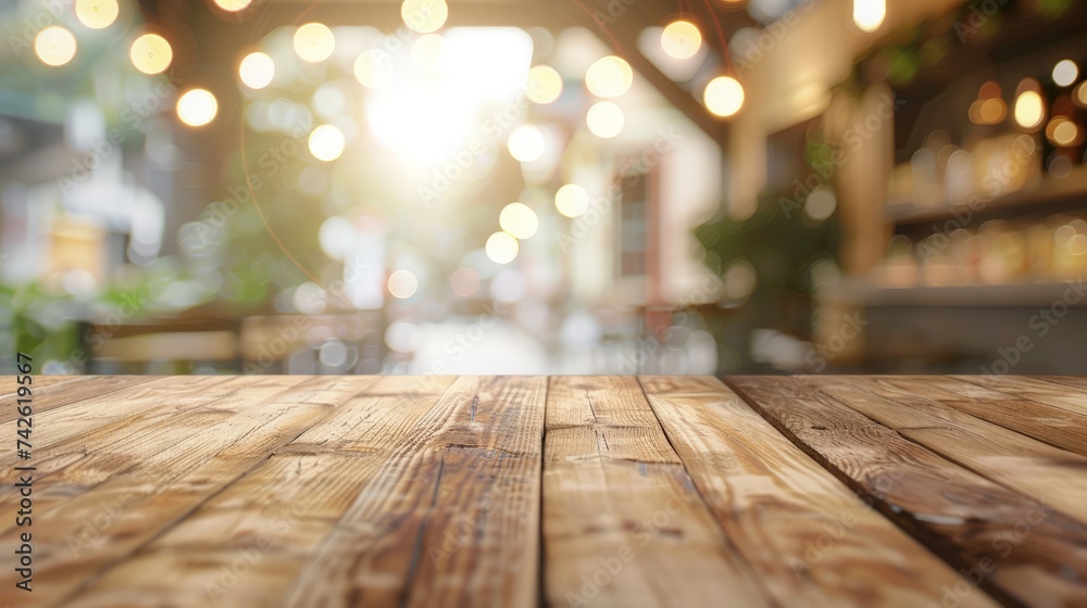 Selected focus empty brown wooden table and Coffee shop or restaurant blur background with bokeh image. Selected focus empty brown wooden table and Coffee shop or restaurant blur background with bokeh image.