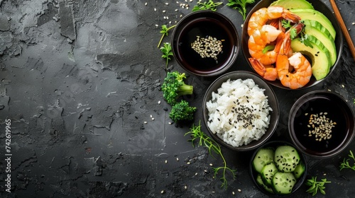 Shrimp poke bowl, rice, avocado, chuka, soy sauce and sesame in a row on a dark rustic background.