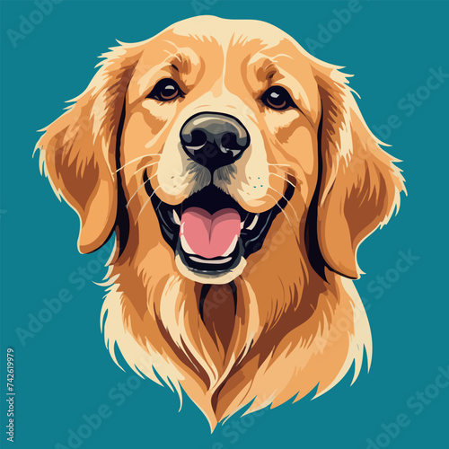 a close up of a golden retriever dog's face on a blue background, portrait