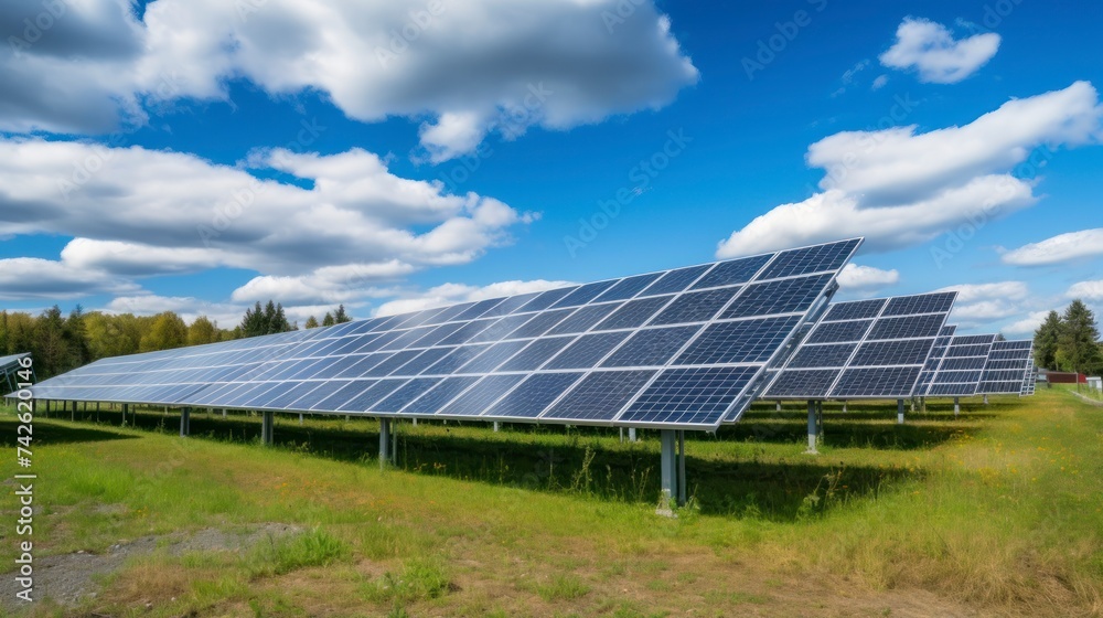 Solar energy panels in a green field with blue sky and sun Solar energy panels in a green field with blue sky and sun