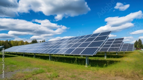 Solar energy panels in a green field with blue sky and sun