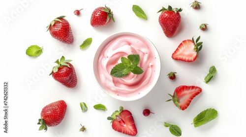 Yogurt with fresh strawberry isolated on white background. Top view, high resolution product.