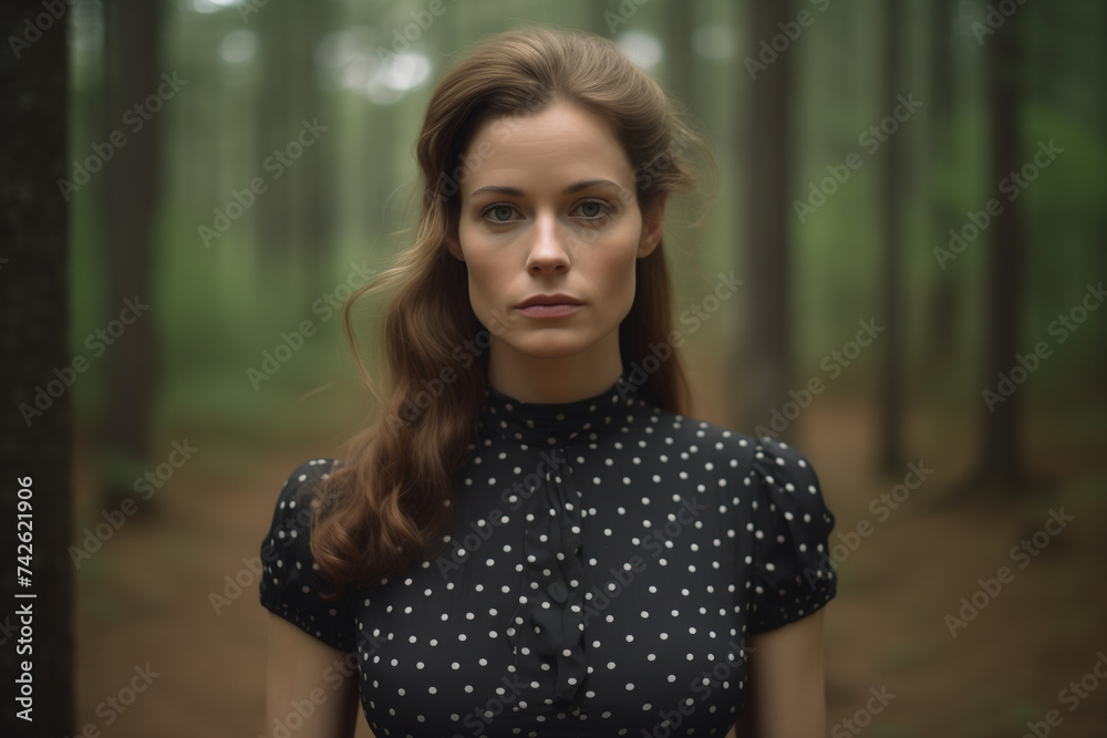Serene woman in a polka dot dress stands in a misty forest, her expression thoughtful and gaze piercing, surrounded by tranquil trees. Serene woman in a polka dot dress stands in a misty forest, her expression thoughtful and gaze piercing, surrounded by tranquil trees.