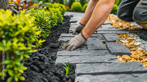 professional landscaper laying textured slabs for a garden path