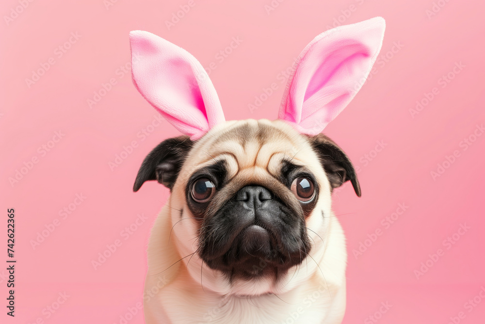 Adorable pug wearing pink bunny ears looks quizzically at the camera against a soft pink background, exuding playful charm.