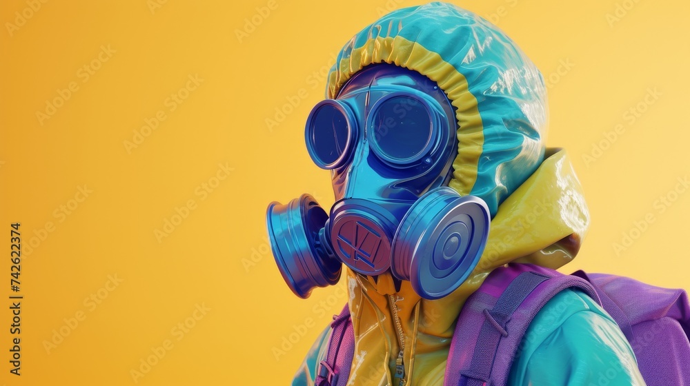person in blue gas mask with blue sunglasses over light yellow background