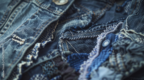 Recycling Old Jeans, Denim Upcycling Ideas, Repurposing Reusing Old Jeans cloth. Close up of recycled customized denim jackets