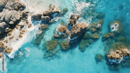 Aerial view of beautiful seascape with blue ocean waves and rocks