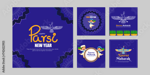 Vector illustration of Happy Parsi New Year social media feed set template