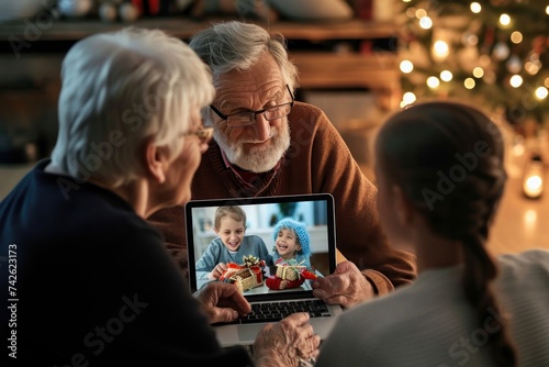 Grandparents couple holding computer video calling family with grandkid on laptop screen having fun enjoying talking online, greeting with gift during, Generative AI