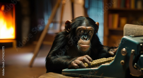 Monkey typing on a typewriter in a room with a fireplace and bookshelves.