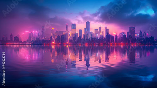 Twilight descends on the city with a mystic array of red and purple hues reflecting off the calm water, creating a mirror image of the urban silhouette. City at dawn, the calm before the days hustle.