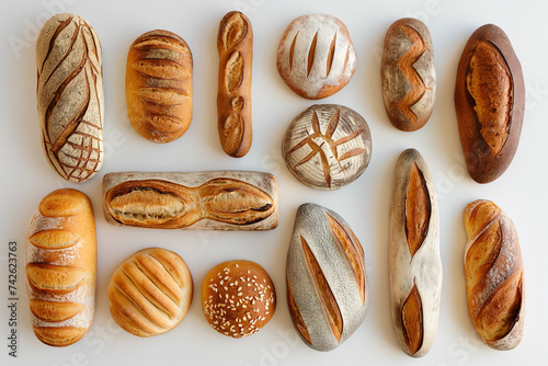 Various freshly baked bread loaves on a light background.