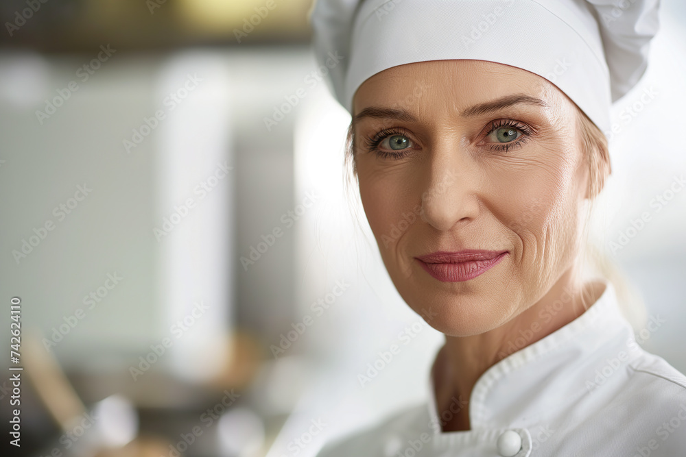 Seasoned female chef with a confident smile in a professional kitchen Seasoned female chef with a confident smile in a professional kitchen