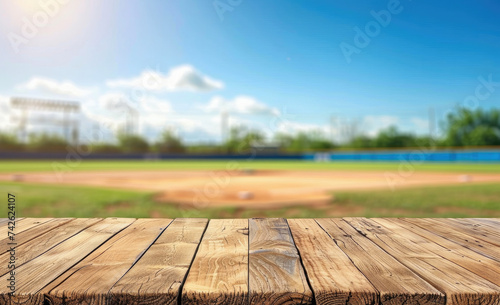 Empty wooden table with blurred baseball field background. Table top product display showcase stage. Image ready for montage your text or product.  photo