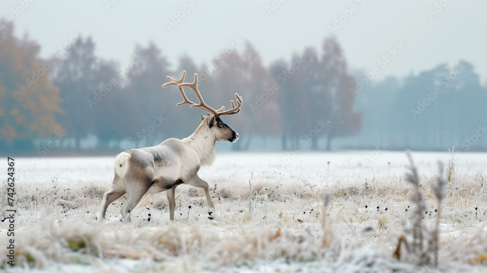 A majestic reindeer roams through a wintry landscape, its impressive antlers piercing the sky above as it gracefully treads through the snowy field A majestic reindeer roams through a wintry landscape, its impressive antlers piercing the sky above as it gracefully treads through the snowy field
