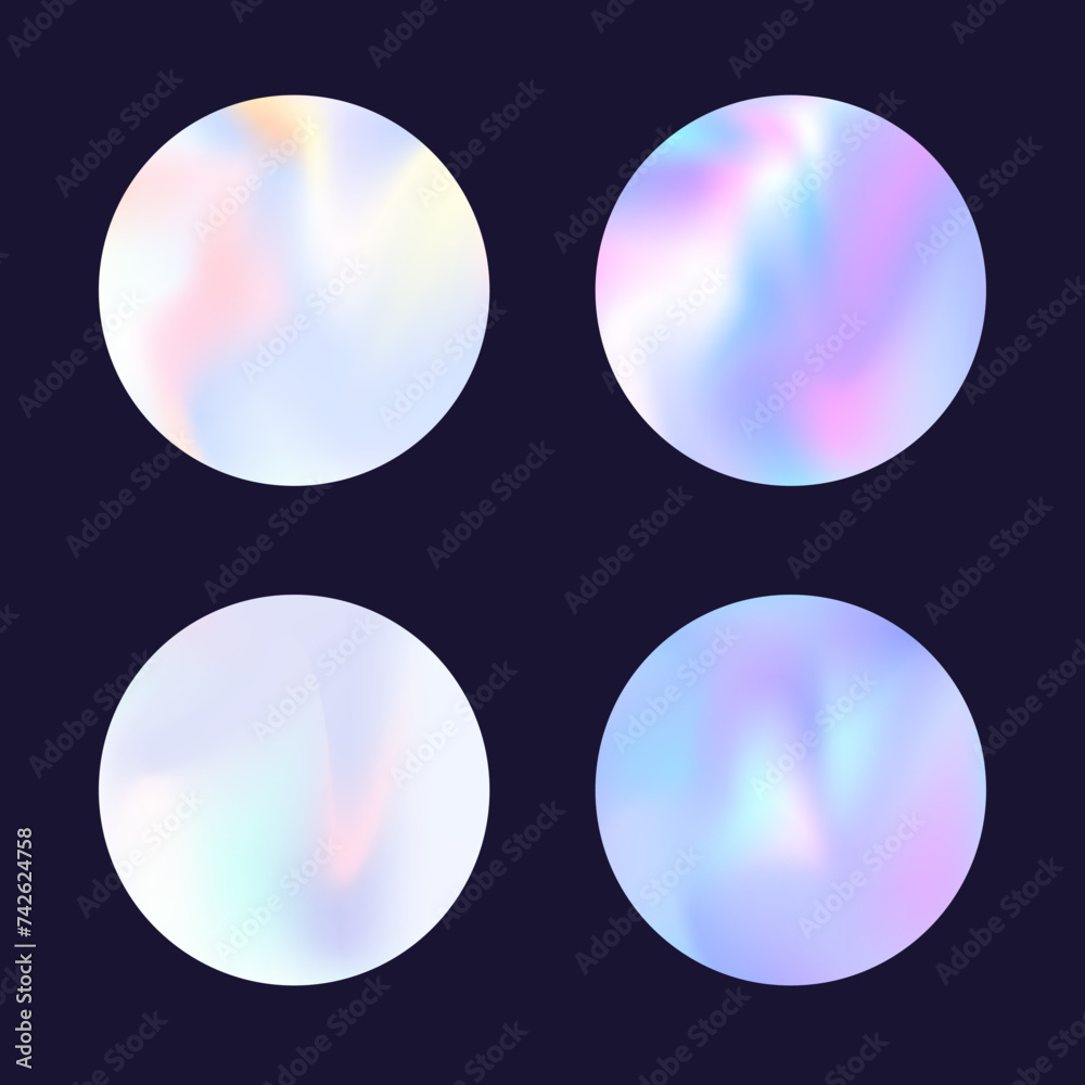 Holographic abstract backgrounds set. Gradient hologram. Rainbow holographic backdrop. Minimalistic 90s, 80s retro style graphic template for brochure, banner, wallpaper, mobile screen. Holographic abstract backgrounds set. Gradient hologram. Rainbow holographic backdrop. Minimalistic 90s, 80s retro style graphic template for brochure, banner, wallpaper, mobile screen.