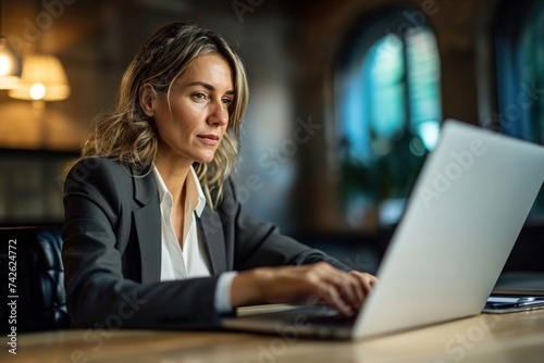 Busy mature business woman working in office using laptop. Mid aged female professional businesswoman executive manager wearing suit looking at computer thinking on digital strategy, Generative AI