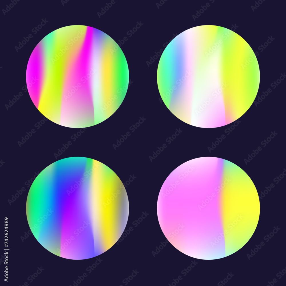 Gradient round set with holographic mesh. Abstract hologram. Multicolor gradient round set. Minimalistic 90s, 80s retro style graphic template for flyer, poster, banner, mobile app.