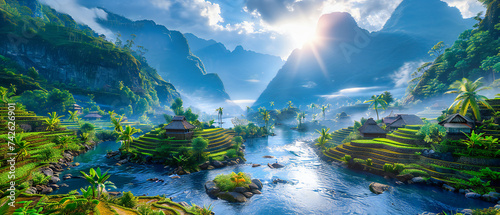 Scenic mountain valley in Asia, showcasing the lush beauty and tranquil landscape of rural agricultural life photo