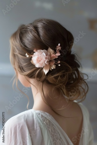 Wedding or evening women's hairstyle on brown hair, a neat bun with a pink flower clip, back view. Quiet luxury concept.