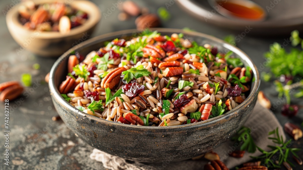 a wild rice salad, with nutty wild rice, sweet dried cranberries, crunchy pecans, and fresh herbs a wild rice salad, with nutty wild rice, sweet dried cranberries, crunchy pecans, and fresh herbs