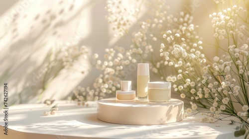 Minimalistic Scene for Displaying Cosmetic Products on a Platform Create a su...