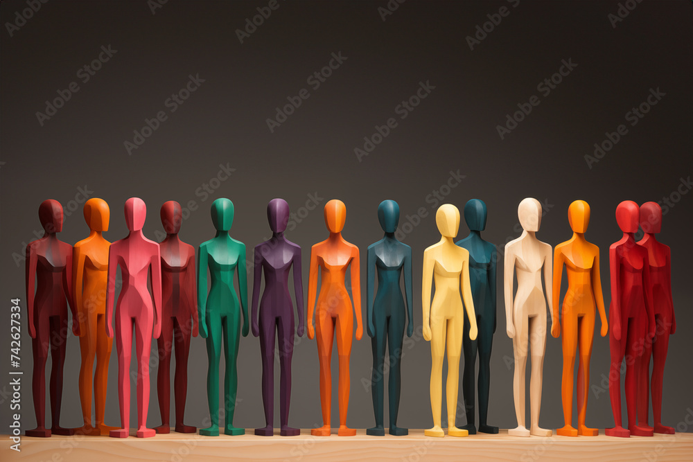 group of people of different races, sex and nationality represented as wooden figures of different colors on a neutral background