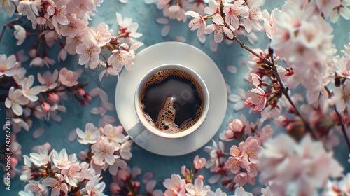 a coffee cup surrounded by blooming cherry blossoms, capturing the essence of...