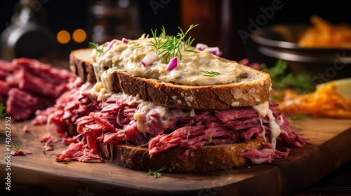a Reuben sandwich, filled with corned beef, sauerkraut, Swiss cheese, and Russian dressing on rye bread photo