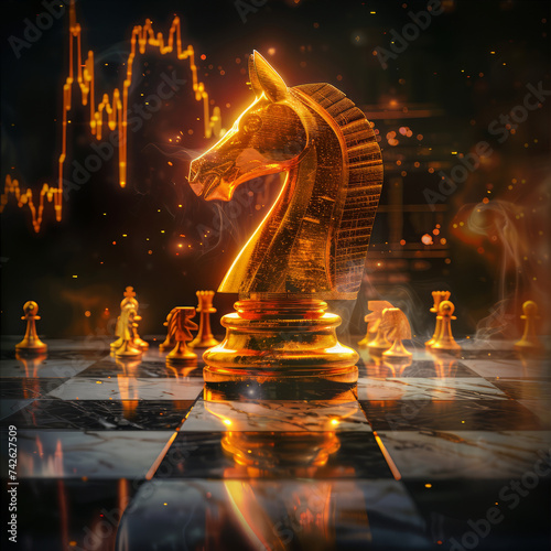 a golden luxury chess knight figure on the middle of a classic marble chess board, gold market charts in behind, orange yellow holographic colors, dark smokey background