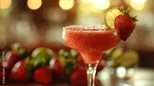a strawberry daiquiri, with fresh strawberries, rum, lime juice, and simple s...