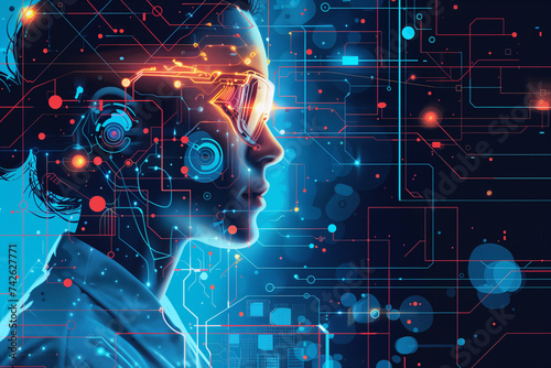 Cyber woman face over pink background