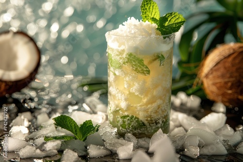 a coconut mojito, with muddled mint leaves, coconut rum, and coconut cream, s...