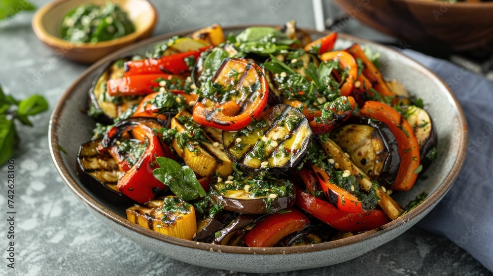 a grilled vegetable salad, with charred bell peppers, zucchini, and eggplant, tossed in a garlic herb dressing