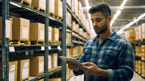 Worker holding digital tablet walking around retail warehouse.