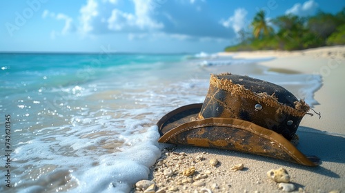 pirate hat on the sand on beach . ai generated