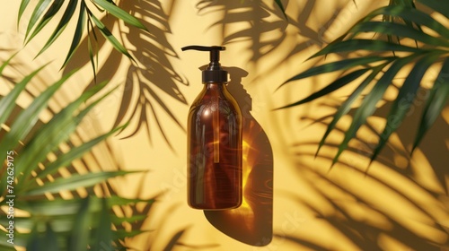 Ads for a mild cleansing shampoo featuring a brown pump bottle and shadows of...