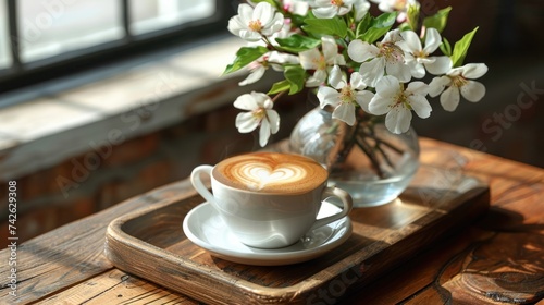 a coffee cup with a heart-shaped foam, served on a wooden tray with a vase of spring blooms