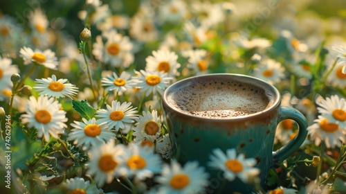 a coffee cup surrounded by daisies, showcasing the beauty of spring flowers