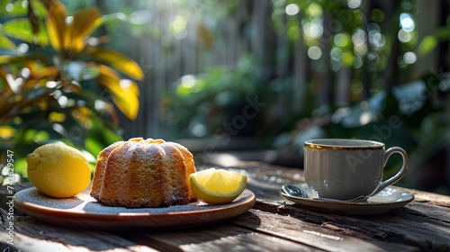 a coffee with a side of lemon pound cake, served on a rustic wooden table in ...