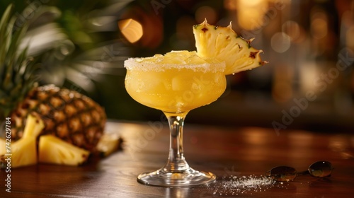 pineapple margarita, garnished with a slice of fresh pineapple and a sprinkle...