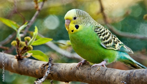 A green budgie on a branch