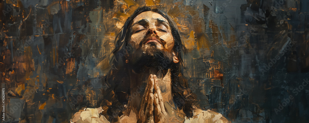 Jesus Christ in prayer artistic portrait painting banner with copy space - obrazy, fototapety, plakaty 