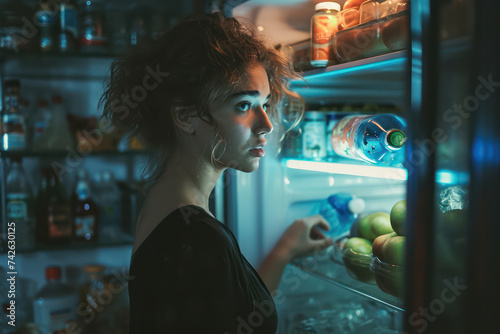 Late Night Snack: Young Woman Opening Fridge, Searching for a Healthy Meal