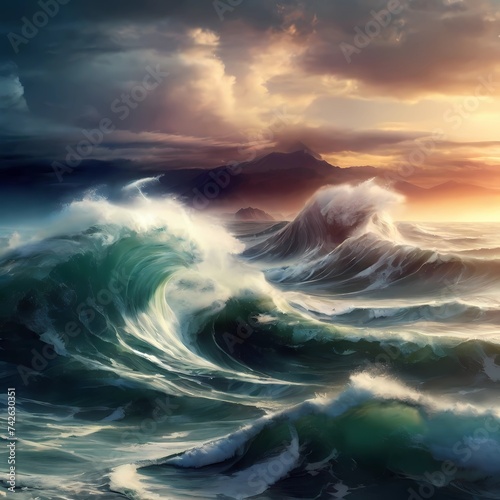 view of tsunami waves photography art style. background for poster, banner, web, social media. ai generative design