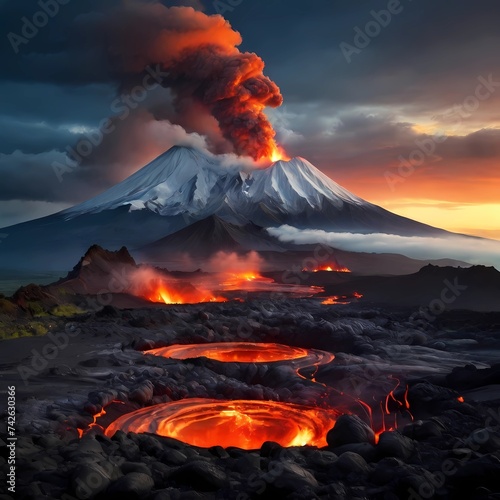 beautiful volcano landscape photography art style. background for poster, banner, web, social media. ai generative design