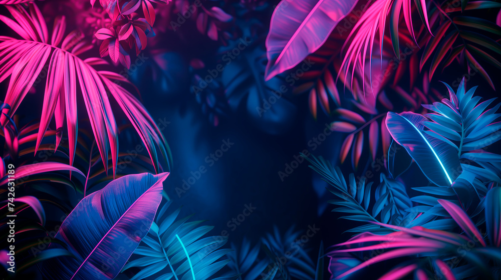 Tropical foliage in vibrant neon colors, creating an exotic and mysterious jungle atmosphere. Wallpaper with copy space. - obrazy, fototapety, plakaty 