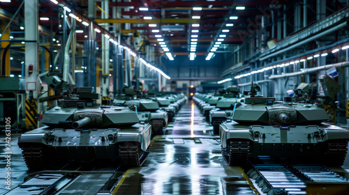 Armored tanks in production line at a military factory, showcasing mobilization and arms race. photo